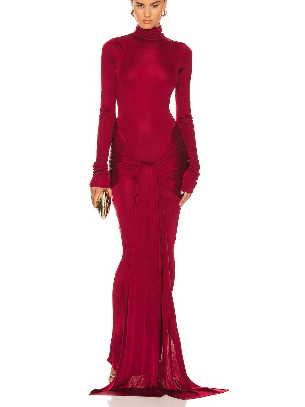 Helsa Slinky Jersey Sarong Maxi Dress Samba Red NWT Quiet Luxury Gown